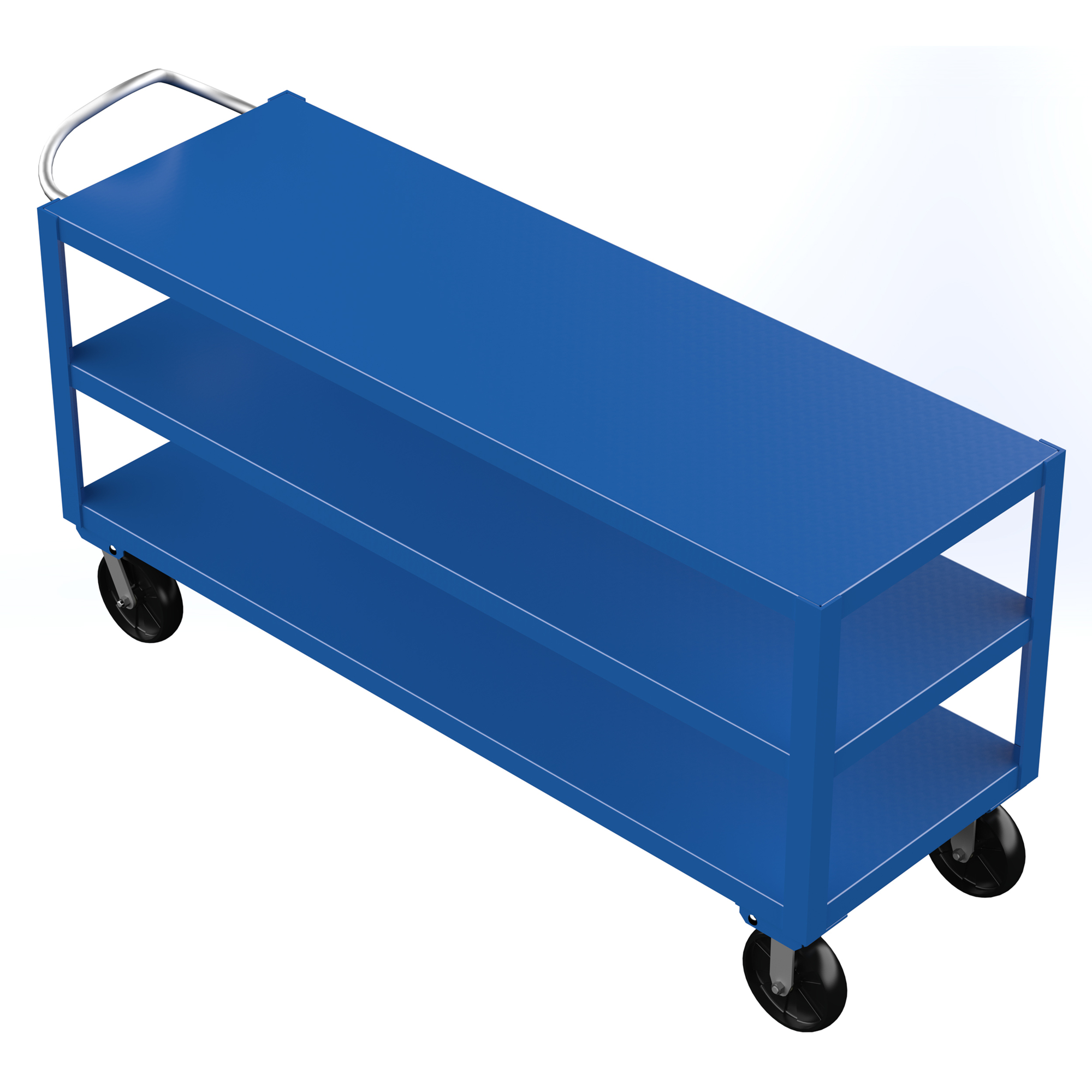 Vestil Steel 24 In. x 72 In. Platform Heavy Duty 3 Shelf Ergo Handle Cart with GFN Casters 4000 Lb. Capacity Blue